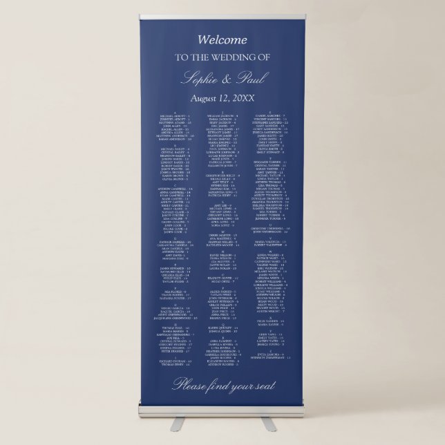 Navy Blue 180 Guest Welcome Seating Chart Retractable Banner (Front)