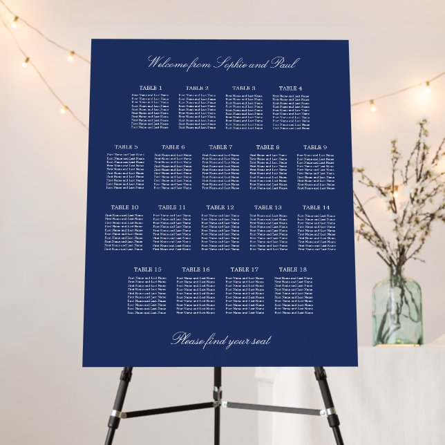 Navy Blue 18 Table Wedding Seating Chart Foam Board (In Situ (Stand))