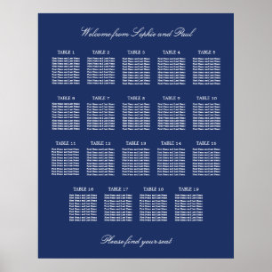 Navy Blue 19 Table Wedding Seating Chart Poster