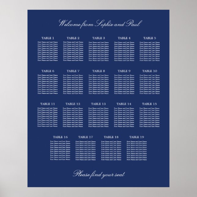 Navy Blue 19 Table Wedding Seating Chart Poster (Front)