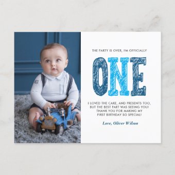 Navy & Blue 1st Birthday Thank You Postcard | Zazzle