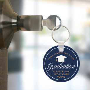 Navy Blue 2024 Graduation Gold Personalized School Keychain