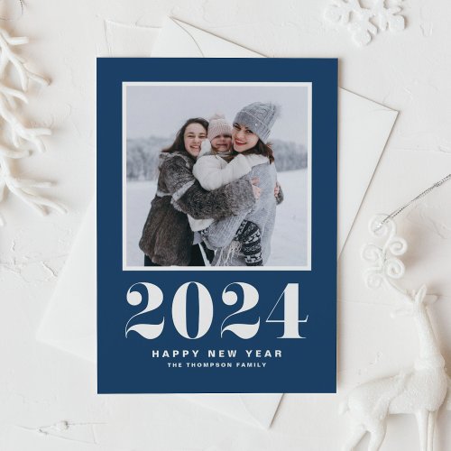 Navy Blue 2024 Typography Happy New Year Photo Holiday Card