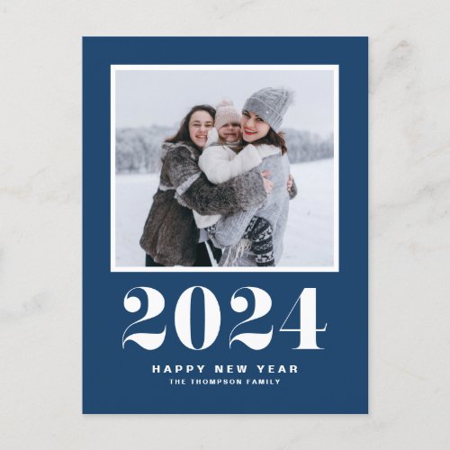 Navy Blue 2024 Typography Happy New Year Photo Holiday Postcard