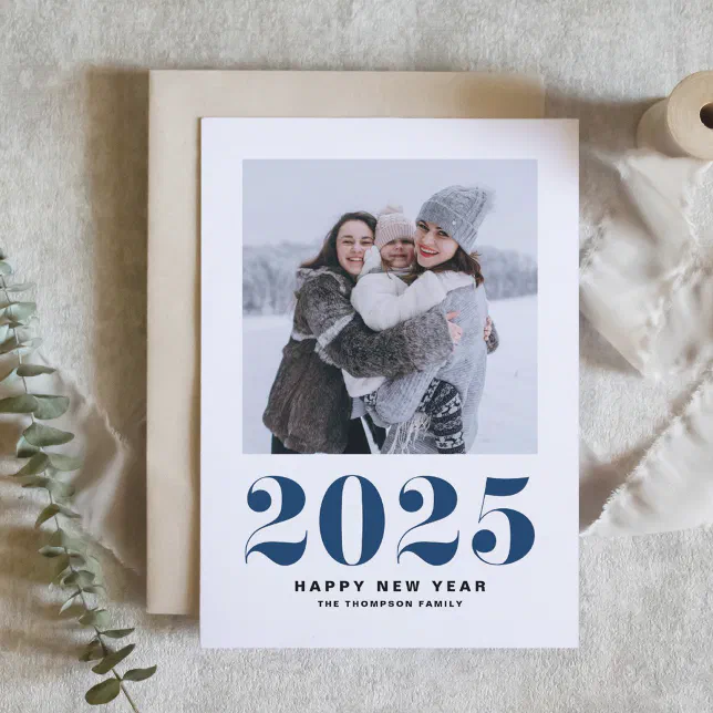 Navy Blue 2025 Bold Typography New Year Photo Holiday Card
