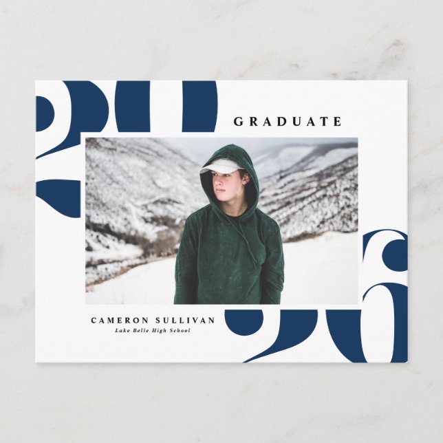 Navy Blue 2025 Bold Typography Photo Graduation Invitation Postcard (Front)