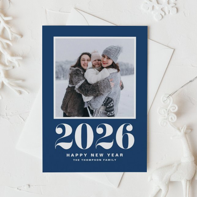 Navy Blue 2026 Bold Typography New Year Photo Holiday Card (Celebrate the start of 2026 with a stylish retro flair using this navy blue photo New Year card.)
