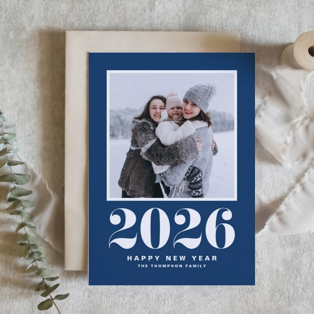 Navy Blue 2026 Bold Typography New Year Photo Holiday Card (Celebrate the start of 2026 with a stylish retro flair using this navy blue photo New Year card.)