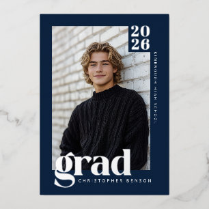 Navy Blue 2026 Graduate 4 Photo Graduation Silver Foil Invitation