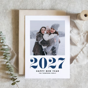 Navy Blue 2027 Retro Typography New Year Photo Holiday Card