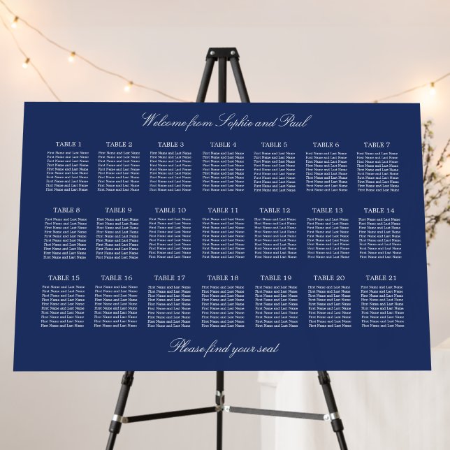 Navy Blue 21 Table Wedding Seating Chart Foam Board (In Situ (Stand))