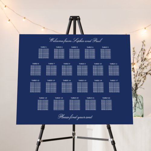 Navy Blue 22 Table Wedding Seating Chart Foam Board