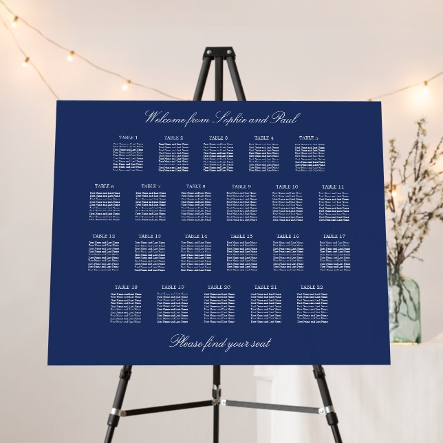 Navy Blue 22 Table Wedding Seating Chart Foam Board (In Situ (Stand))