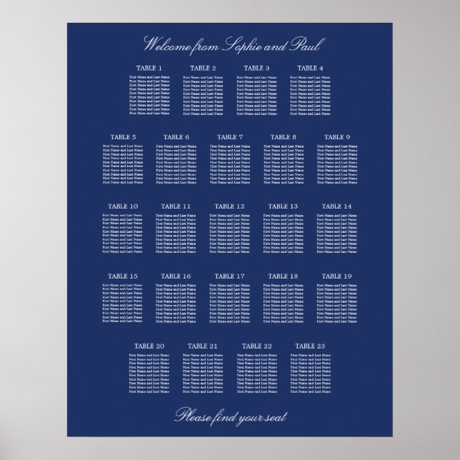Navy Blue 23 Table Wedding Seating Chart Poster (Front)