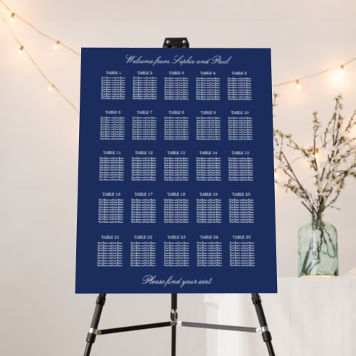 Navy Blue 25 Table Wedding Seating Chart Foam Board