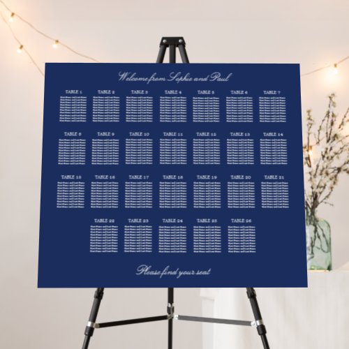 Navy Blue 26 Table Wedding Seating Chart Foam Board