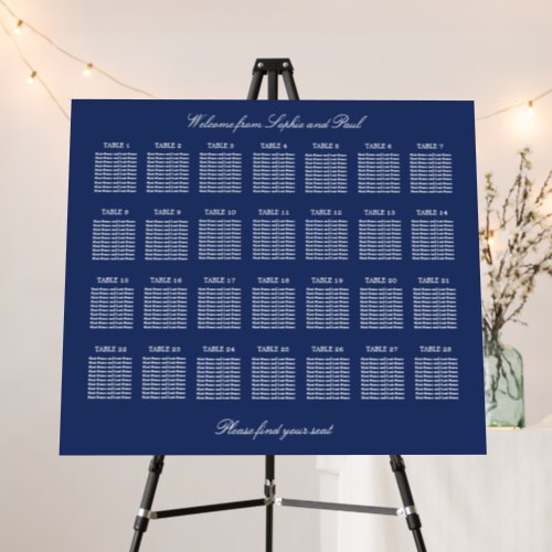 Navy Blue 28 Table Wedding Seating Chart Foam Board