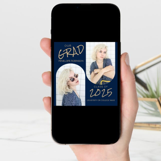 Navy Blue 2 Arched Photo Graduation Announcement (Front Digital)
