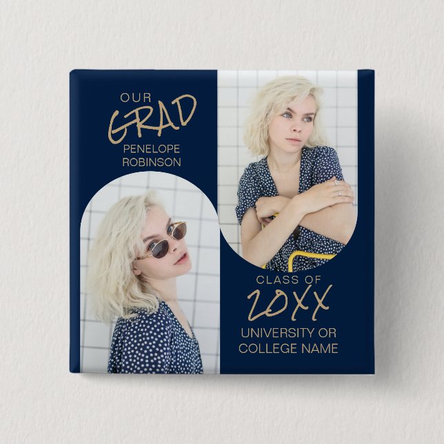 Navy Blue 2 Arched Photo Graduation Button (Front)