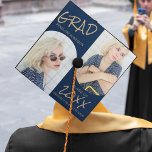 Navy Blue 2 Arched Photo Graduation Cap Topper<br><div class="desc">Simple,  modern graduation cap topper,  featuring 2 arched photos,  over a navy blue background,  with gold template text which reads 'OUR GRAD,  THEIR NAME,  CLASS OF AND THEIR SCHOOL,  UNIVERSITY OR COLLEGE.' The font styles and background color can be changed by clicking on the customize further link after personalizing.</div>