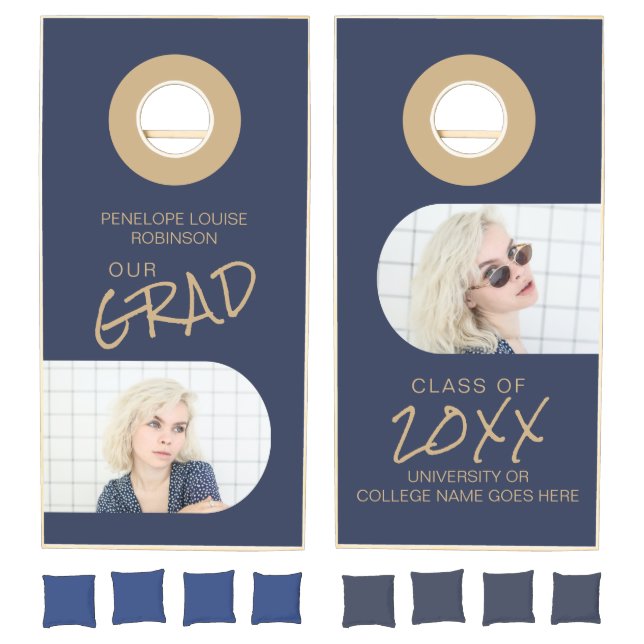 Navy Blue 2 Arched Photo Graduation Cornhole Set (Set)