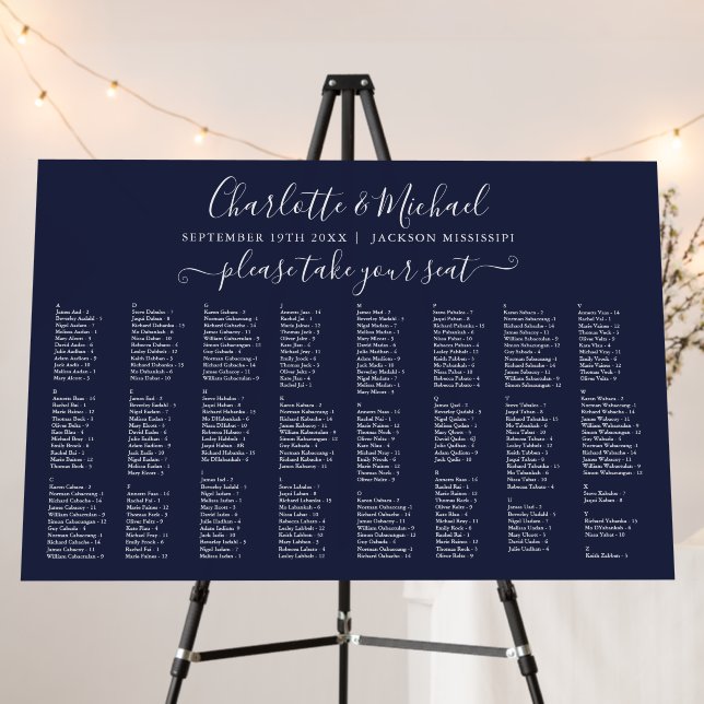 Navy Blue 300 Names Wedding Seating Chart Sign (In Situ (Stand))