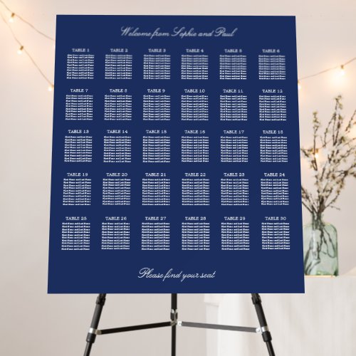 Navy Blue 30 Table Wedding Seating Chart Foam Board