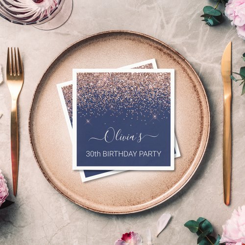 Navy Blue 30th Birthday Rose Gold  Pink Glitter Napkins