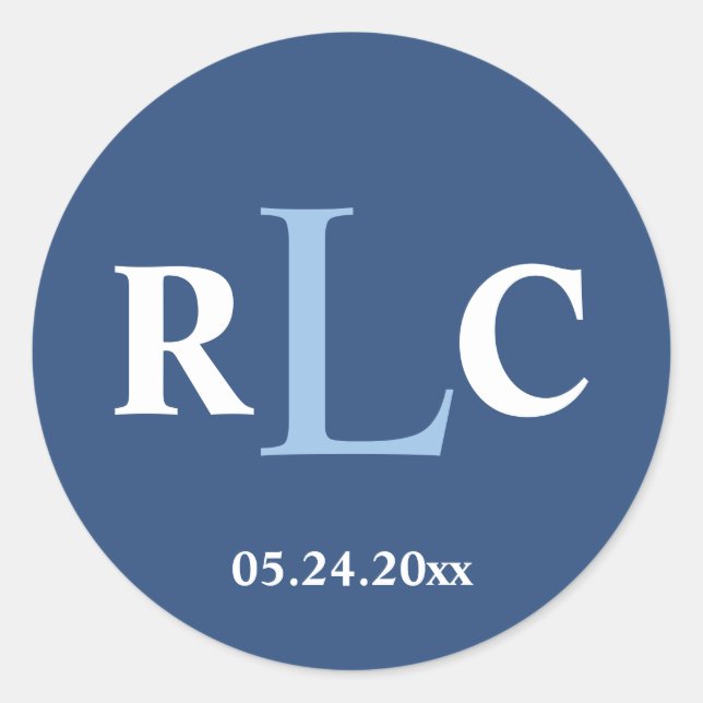 Navy blue 3 initial monogram label wedding favor (Front)