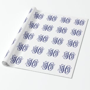 Navy Blue 3 Initials Vine Script Monogram DIY BG Wrapping Paper