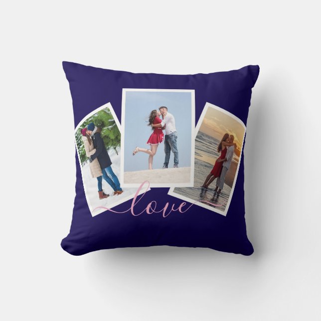 Navy Blue 3 Photo Collage Love Pink Script Throw Pillow (Front)