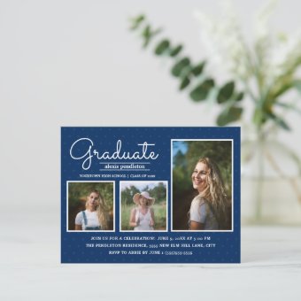 Navy Blue 3-Photo Graduation Party Postcard | Zazzle