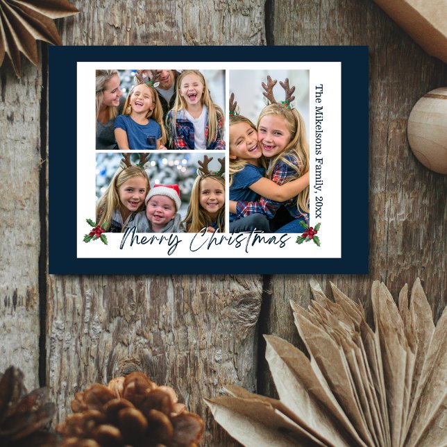 Navy Blue 3 Photos Christmas Holiday Card (Creator Uploaded)
