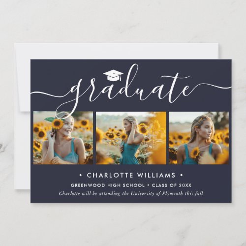 Navy Blue 4 Photo Collage Modern Graduation Announcement