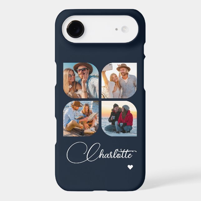 Navy Blue 4 Photo Collage Personalized Script Name Case-Mate iPhone Case (Back)