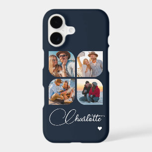 Navy Blue 4 Photo Personalized Name iPhone 17 Case