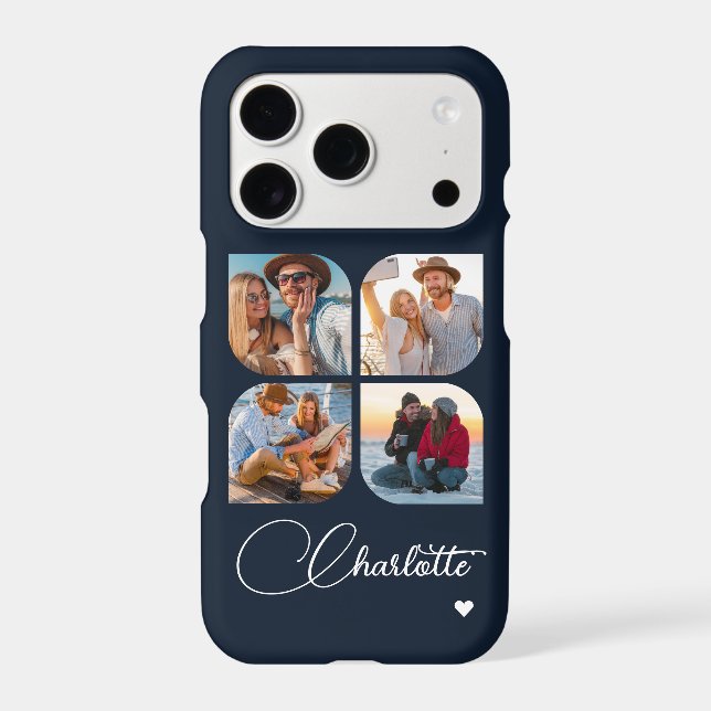 Navy Blue 4 Photo Personalized Name Case-Mate iPhone Case (Back)