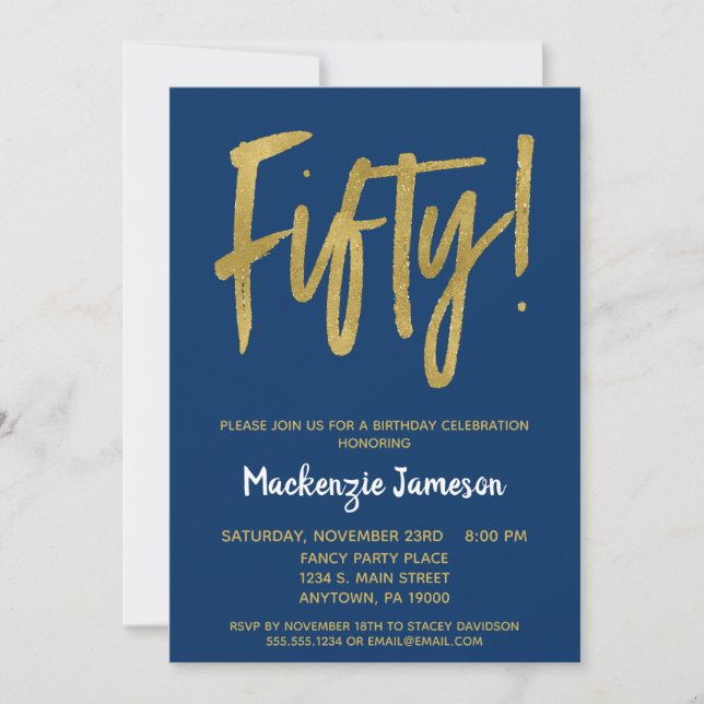 Navy Blue 50th Birthday Party Invitation Gold (Front)