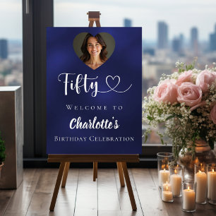Navy blue 50th birthday party photo heart welcome foam board