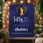 Navy blue 50th birthday party photo heart welcome poster<br><div class="desc">A welcome poster for a 50th birthday party. A navy blue,  uneven colored background.  Personalize and add a name and photo. Heart shaped photo frame.</div>