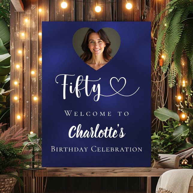 Navy blue 50th birthday party photo heart welcome poster (Creator Uploaded)