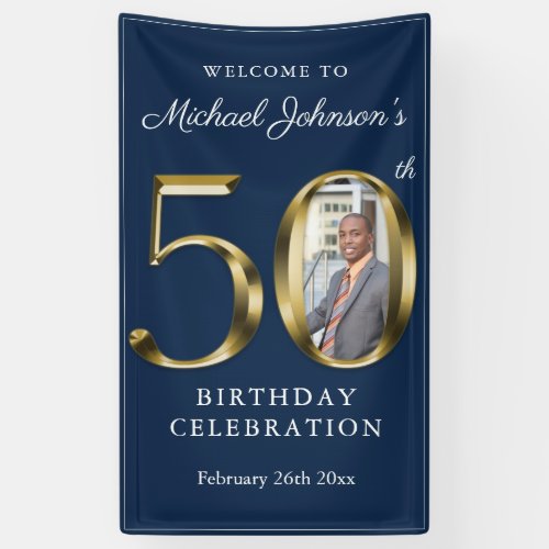 Navy Blue 50th Birthday Solid Gold Custom Photo Banner