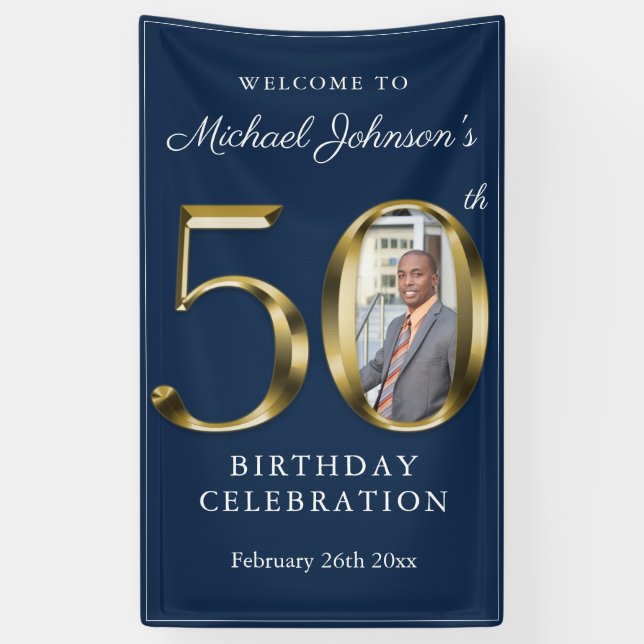Navy Blue 50th Birthday Solid Gold Custom Photo Banner (Vertical)