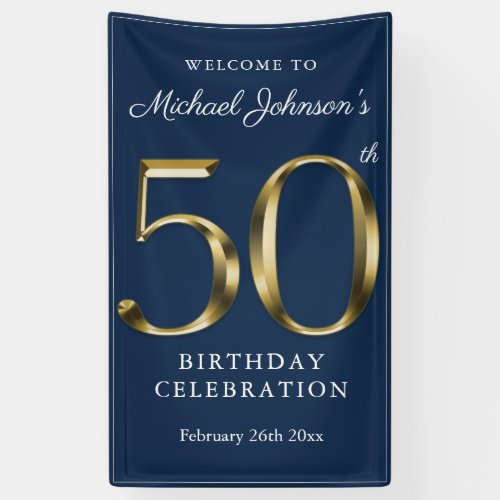 Navy Blue 50th Birthday Solid Gold Typography