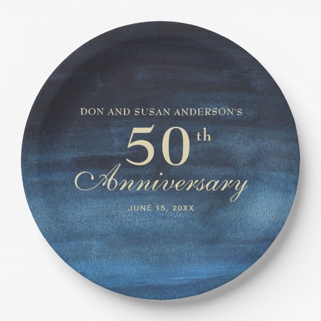 Navy Blue 50th Wedding Anniversary Paper Plates (Front)