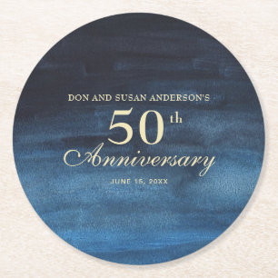 Navy Blue 50th Wedding Anniversary Round Paper Coaster