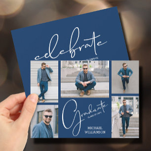 Navy Blue 5 Photo Graduation Party Invitation