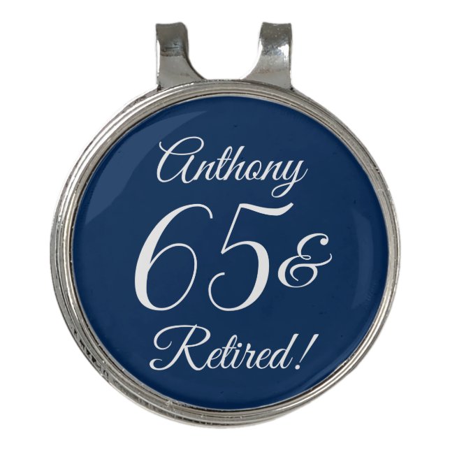 Navy Blue 65 & Retired Retirement Party Golf Hat Clip (Front)