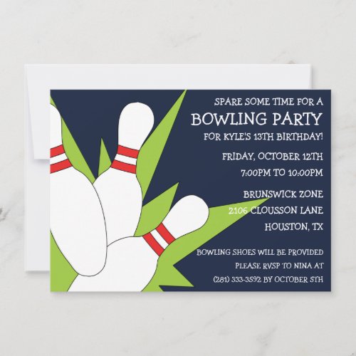 Navy Blue 7-10 Split Bowling Birthday Party Invitations