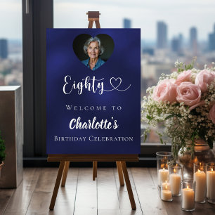 Navy blue 80th birthday party photo heart welcome foam board